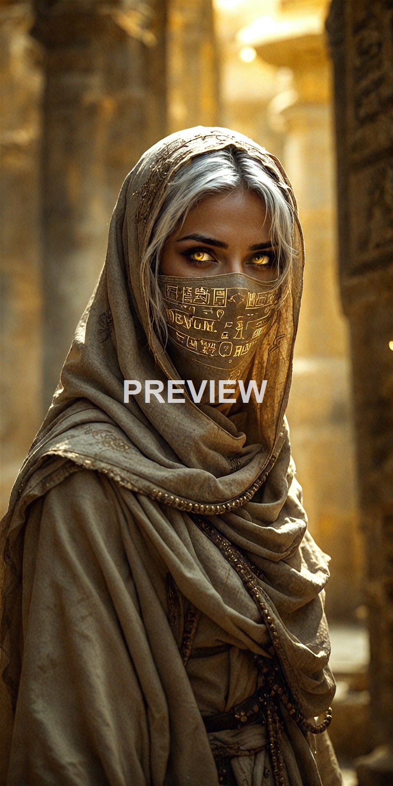 A woman with piercing yellow eyes and silver hair, dressed in ornate, layered beige and gold clothing with a face covering that features gold script, standing in a dimly lit ancient or historical stone setting.